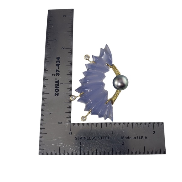 Vintage 18K Yellow Gold Chalcedony, Tahitian Pearl and Diamond Pendant #13703 - Picture 7 of 8